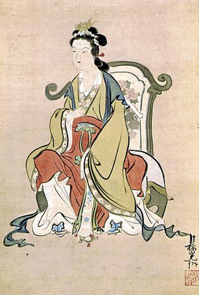 Królowa Matka Zachodu (jap.‘Seiobo’). Obraz na jedwabiu z ok. 1705 r., Japonia, epoka Edo (Ogata Kōrin – Kimbell Art Museum / domena publiczna, https://commons.wikimedia.org/w/index.php?curid=7103227)