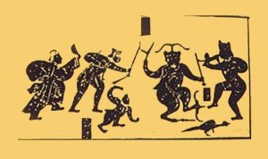 Starożytna chińska rycina przedstawiająca bitwę przeciwko Chi You. Wódz plemienny jest tą wielką postacią namalowaną po prawej stronie, bliżej środka (domena publiczna)
