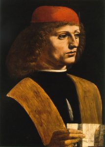 „Portret muzyka” pędzla Leonarda da Vinci (Leonardo da Vinci – praca własna / <a href="https://commons.wikimedia.org/w/index.php?curid=2404755">domena publiczna</a>)