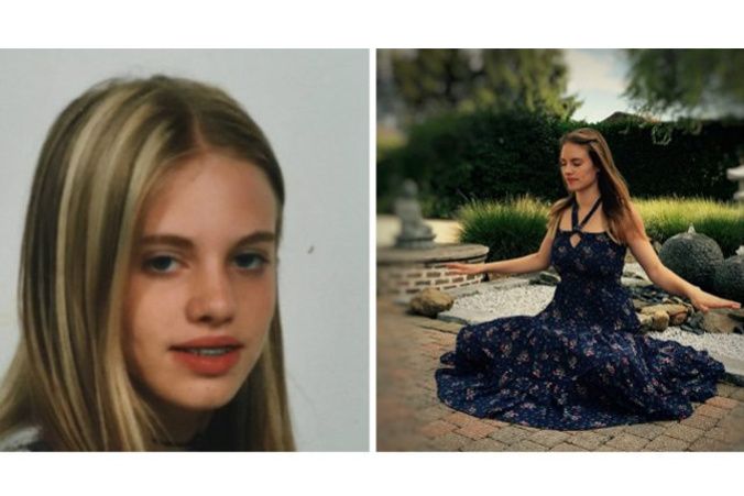 Licealne zdjęcie nastoletniej Loretty Duchamps (po lewej) i zdjęcie wykonane kilkanaście lat później (po prawej), na którym wykonuje piąte ćwiczenie medytacyjne Falun Dafa (dzięki uprzejmości NTD Inspired)