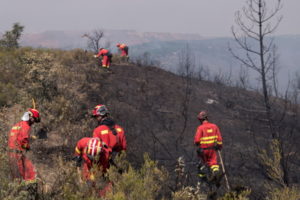 Ratownicy wojskowi (UME) pracują drugi dzień z rzędu, aby ugasić pożar w prowincji Huelva w południowej Hiszpanii, 3.08.2018 r. (JULIAN PEREZ/PAP/EPA)