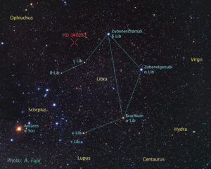 Widok sąsiedztwa starej gwiazdy, skatalogowanej jako HD 140283, leżącej 190.1 lat świetlnych od Ziemi, w gwiazdozbiorze Wagi (A. Fujii and Z. Levay / <a href="http://www.stsci.edu/">STScI</a>)