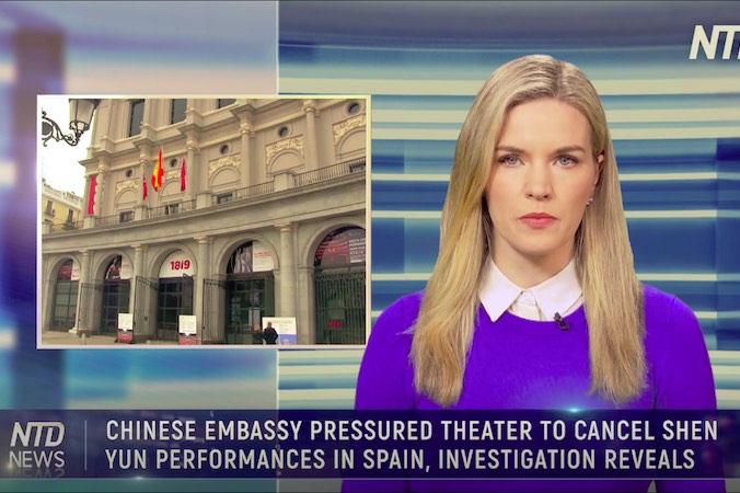 Stacja telewizyjna NTD TV ujawniła informacje na temat nacisków chińskiej ambasady w Hiszpanii na odwołanie przedstawień Shen Yun w Madrycie (screen z materiału NTD TV)
