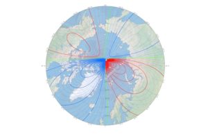 Nowa mapa pokazuje lokalizację północnego bieguna magnetycznego (biała gwiazdka) i odchylenie magnetyczne (odstęp między warstwicami wynosi 2 stopnie) na początku 2019 r. (NOAA NCEI/CIRES)