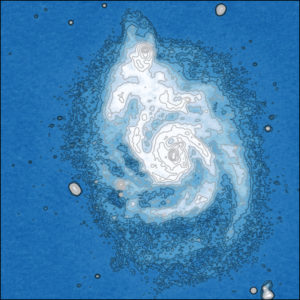 Galaktyka spiralna M51 w obszarze pola HETDEX – Hobby-Eberly Telescope Dark Energy Experiment (Tim Shimwell i LOFAR Surveys Team / LOFAR Surveys Team: https://www.lofar-surveys.org/gallery.html?file=static/gallery/M51_deep_Blues_r.png)