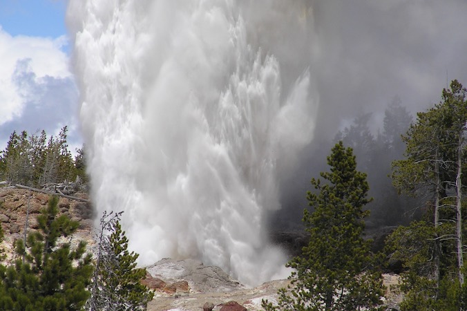 Erupcja Steamboat Geyser, największego gejzeru w Yellowstone, 23.05.2005 r. (Hsing-Mei Wu – praca własna, CC BY-SA 3.0 / <a href=" https://commons.wikimedia.org/w/index.php?curid=17470513">Wikimedia</a>)