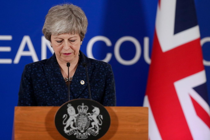 Premier Wielkiej Brytanii Theresa May podczas briefingu prasowego na posiedzeniu Rady Europejskiej w Brukseli, 21.03.2019 r. (STEPHANIE LECOCQ/PAP/EPA)