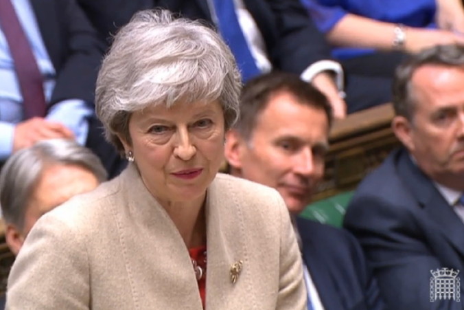 Ujęcie z materiałów informacyjnych udostępnionych przez UK Parliamentary Recording Unit pokazuje brytyjską premier Theresę May w Izbie Gmin, Londyn, 29.03.2019 r. (UK PARLIAMENTARY RECORDING UNIT/HANDOUT/PAP/EPA)