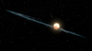 Artystyczne wyobrażenie pyłu lub małych cząstek materii krążących wokół gwiazdy (<a href="https://photojournal.jpl.nasa.gov/jpeg/PIA22081.jpg">NASA/JPL-Caltech</a> / <a href="https://commons.wikimedia.org/w/index.php?curid=63168230">domena publiczna</a>)