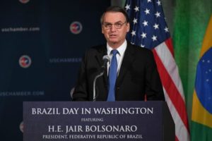 Prezydent Brazylii Jair Bolsonaro przemawia podczas dyskusji na temat stosunków USA–Brazylia w Amerykańskiej Izbie Handlowej w Waszyngtonie, 18.03.2019 r. (MANDEL NGAN/AFP/Getty Images)