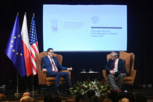 Premier Mateusz Morawiecki w drugim dniu wizyty w Stanach Zjednoczonych podczas „Transatlantyckiego dialogu” na Uniwersytecie Nowojorskim, 17.04.2019 r. (Radek Pietruszka / PAP)