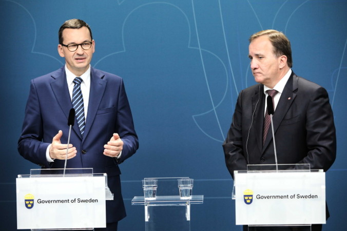 Premier Mateusz Morawiecki oraz premier Szwecji Stefan Löfven podczas konferencji prasowej z okazji wizyty Premiera RP w Sztokholmie, Szwecja, 29.08.2019 r. (Wojciech Olkuśnik / PAP)