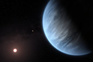 Artystyczna wizja ukazuje układ planetarny składający się z planety K2-18b, gwiazdy gospodarza i planety towarzyszącej. K2-18b jest obecnie jedyną egzoplanetą superziemią, znaną z występowania wody i temperatur, które mogłyby podtrzymywać życie (ESA/Hubble, M. Kornmesser – ESA/Hubble, CC BY 4.0 / <a href="https://commons.wikimedia.org/w/index.php?curid=82082659">Wikimedia</a>)