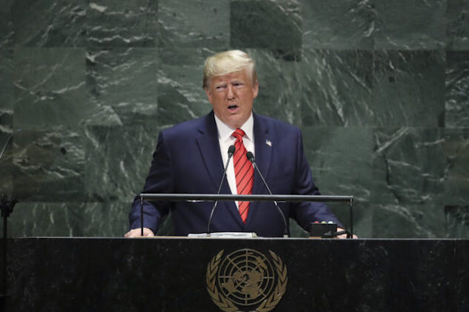 Prezydent USA Donald Trump przemawia na Zgromadzeniu Ogólnym Organizacji Narodów Zjednoczonych w siedzibie ONZ w Nowym Jorku, 24.09.2019 r. (Drew Angerer / Getty Images)