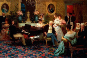 Chopin gra dla Radziwiłłów, 1829 r. Obraz Henryka Siemiradzkiego z 1887 r.<br /> (<a href="http://images.fineartamerica.com/images-medium-large/chopin-playing-the-piano-in-prince-radziwills-salon-hendrik-siemiradzki.jpg">Henryk Siemiradzki</a> / <a href="https://commons.wikimedia.org/w/index.php?curid=1086097">domena publiczna</a>)