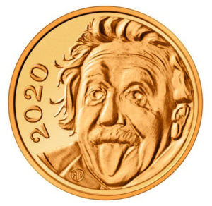 Na niedatowanym zdjęciu udostępnionym przez Swissmint awers najmniejszej na świecie złotej monety, z wizerunkiem Alberta Einsteina i oznaczeniem „1/4 franka” na rewersie, wydane 23.01.2020 r. (BENJAMIN ZURBRIGGEN/SWISSMINT HANDOUT/PAP/EPA)