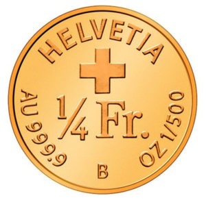 Na niedatowanym zdjęciu udostępnionym przez Swissmint rewers najmniejszej na świecie złotej monety, z wizerunkiem Alberta Einsteina na awersie i oznaczeniem „1/4 franka”, wydane 23.01.2020 r. (BENJAMIN ZURBRIGGEN/SWISSMINT HANDOUT/PAP/EPA) 