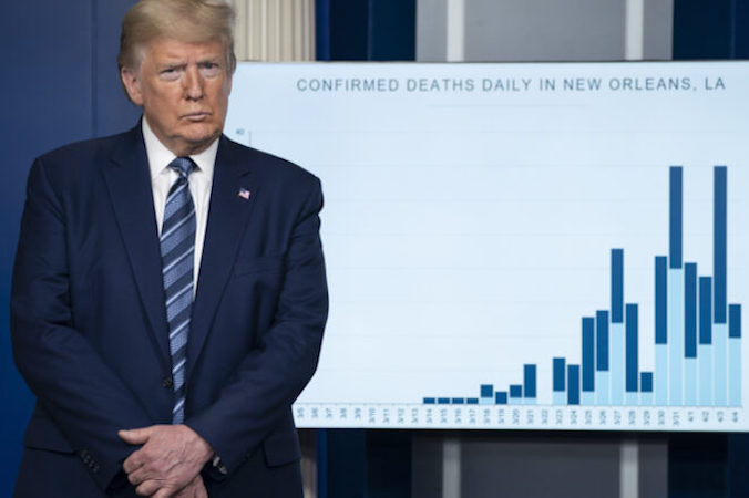 Prezydent Donald Trump organizuje spotkanie prasowe z członkami grupy zadaniowej ds. koronawirusa, Biały Dom, w Waszyngtonie, 5.04.2020 r. (Sarah Silbiger / Getty Images)