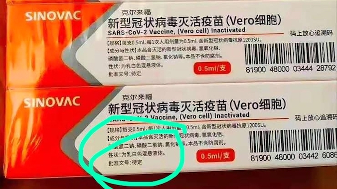Chińska szczepionka przeciw COVID-19 firmy Sinovac była stosowana, choć nie została zatwierdzona. W miejscu, gdzie miał się znajdować numer zatwierdzenia, napisano, że „zostanie (wkrótce) podany”. Grudzień 2020 r. (Chińskie władze zatwierdziły szczepionkę do powszechnego użytku na początku lutego 2021 r. – przyp. redakcji) (The Epoch Times)