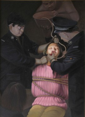 Ilustracja przedstawiająca przymusowe karmienie – metodę tortur stosowaną rutynowo w chińskich więzieniach w celu zmuszenia więźniów sumienia do wyrzeczenia się wiary<br /> (Wang Weixing / Minghui.org)
