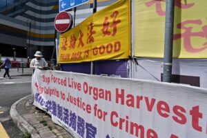 Kobieta poprawia banery z napisami poparcia dla duchowej dyscypliny Falun Gong, która jest prześladowana w Chinach kontynentalnych, Tung Chung, obszar popularny wśród turystów przybywających z kontynentu, Hongkong, 25.04.2019 r. (Anthony Wallace/AFP via Getty Images)