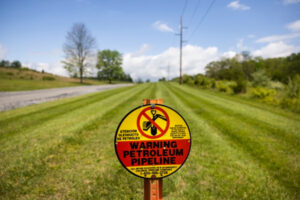 Znak wskazuje położenie rurociągu naftowego Colonial Pipeline w Woodbine, Maryland, USA, 8.05.2021 r. (JIM LO SCALZO/PAP/EPA)