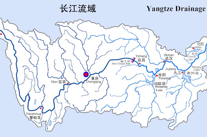 Mapa z zaznaczonym przebiegiem rzeki Jangcy, Chiny (Cncs·Cncs绘制, <a href="https://creativecommons.org/licenses/by-sa/3.0/">CC BY-SA 3.0</a> / <a href="https://commons.wikimedia.org/w/index.php?curid=2615385">Wikimedia</a>)