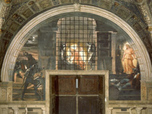 Fresk Rafaela „Uwolnienie Świętego Piotra”, 1514 r., Muzea Watykańskie, Watykan (<a href="https://pl.wikipedia.org/wiki/Rafael_Santi">Rafael</a> / <a href="https://commons.wikimedia.org/w/index.php?curid=20199760">domena publiczna</a>)