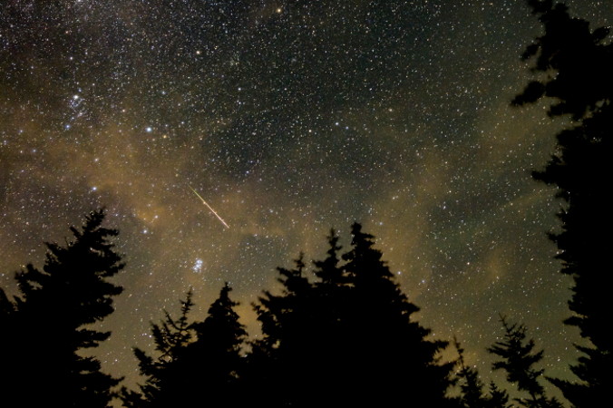 Meteor przemierzający niebo podczas corocznego deszczu Perseidów, zdjęcie udostępnione przez NASA, długie, 30-sekundowe naświetlenie, Spruce Knob w Wirginii Zachodniej, USA, 11.08.2021 r. (BILL INGALLS/NASA/HANDOUT/PAP/EPA)