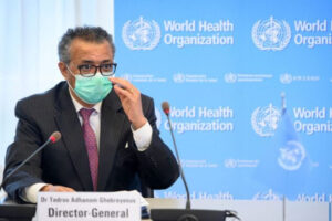 Szef Światowej Organizacji Zdrowia, WHO, Tedros Adhanom Ghebreyesus podczas spotkania w siedzibie WHO w Genewie 24.05.2021 r. (Laurent Gillieron/AFP via Getty Images)