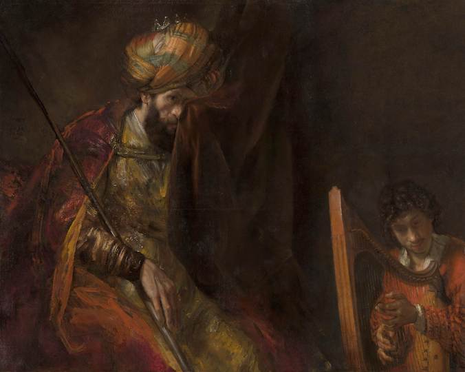Dawid grający na harfie Saulowi, obraz Rembrandta, Muzeum Mauritshuis, nr 621 (Rembrandt lub warsztat – www.mauritshuis.nl: <a href="https://www.mauritshuis.nl/nl-nl/">Home</a>, <a href="https://www.mauritshuis.nl/en/explore/the-collection/artworks/saul-and-david-621/detailgegevens/">informacje</a> / <a href="https://commons.wikimedia.org/w/index.php?curid=41045115">domena publiczna</a>)