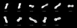 Jedenaście fotografii planetoidy Kleopatra, oglądanej pod różnymi kątami podczas jej obrotu, zdjęcie niedatowane, udostępnione przez Europejskie Obserwatorium Południowe, ESO, wydane 9.09.2021 r. Fotografie zostały wykonane w różnym czasie między 2017 a 2019 r. (daty widoczne po kliknięciu w zdjęcie) za pomocą instrumentu Spectro-Polarimetric High-contrast Exoplanet REsearch, SPHERE, na należącym do ESO VLT (ESO/Vernazza, Marchis et al./MISTRAL algorithm (ONERA/CNRS) HAND/PAP/EPA)
