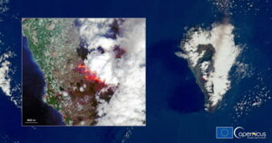 Zdjęcie satelitarne uzyskane przez jeden z satelitów Copernicus Sentinel-2 i udostępnione w ramach unijnego programu obserwacji Ziemi Copernicus przedstawia erupcję wulkanu Cumbre Vieja na wyspie La Palma na Wyspach Kanaryjskich w Hiszpanii, 25.09.2021 r., wydane 26.09.2021 r. (EUROPEAN UNION, COPERNICUS SENTINEL-2 IMAGERY HANDOUT/PAP/EPA)