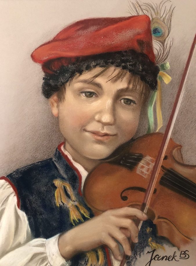 Polski chłopiec w tradycyjnym stroju, autorstwa Barbary Schafer. Pastele (dzięki uprzejmości Barbary Schafer)