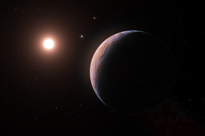 Ilustracja udostępniona przez Europejskie Obserwatorium Południowe, ESO, przedstawia wyobrażenie Proximy d, kandydatki na planetę, którą niedawno odkryto na orbicie Proximy Centauri – gwiazdy położonej najbliżej Słońca, wydane 10.02.2022 r. (ESO/L. Calçada/HANDOUT/PAP/EPA)