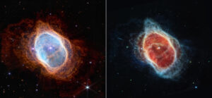 Mgławica planetarna skatalogowana jako NGC 3132 i znana pod nieformalną nazwą Mgławica Pierścień Południowy, obraz uchwycony przez dwie kamery na pokładzie Teleskopu Jamesa Webba i udostępniony przez NASA 12.07.2022 r. (NASA, ESA, CSA, and STScI HANDOUT/PAP/EPA)