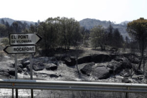  Ziemia spalona przez pożar niedaleko miejscowości El Pont de Vilomara, prowincja Barcelona w Hiszpanii, 18.07.2022 r. (ANDREU DALMAU/PAP/EPA) 