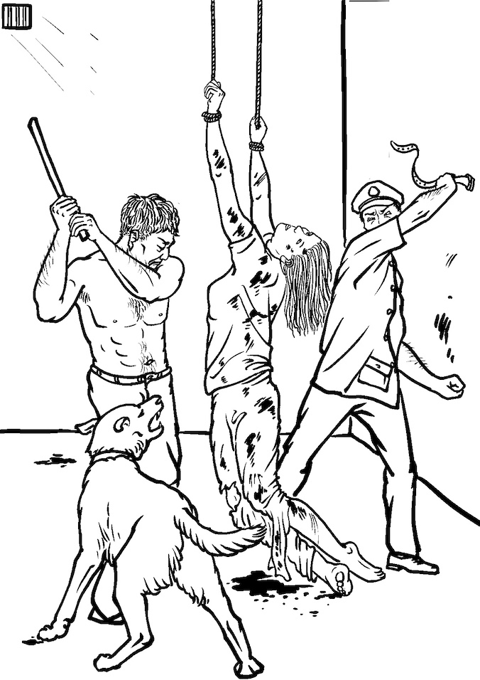 Tortury są rutynowo stosowane wobec praktykujących Falun Dafa zatrzymanych w Chinach. W scenie przedstawionej na tej ilustracji policjanci biją ofiarę (Minghui.org)