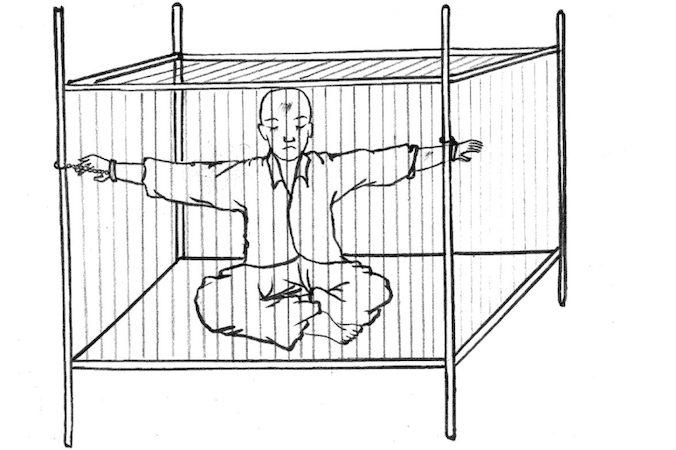 Ilustracja więźnia przetrzymywanego w małej żelaznej klatce – jest to metoda używana przez Komunistyczną Partię Chin do prześladowania wyznawców Falun Dafa w Chinach (Minghui.org)