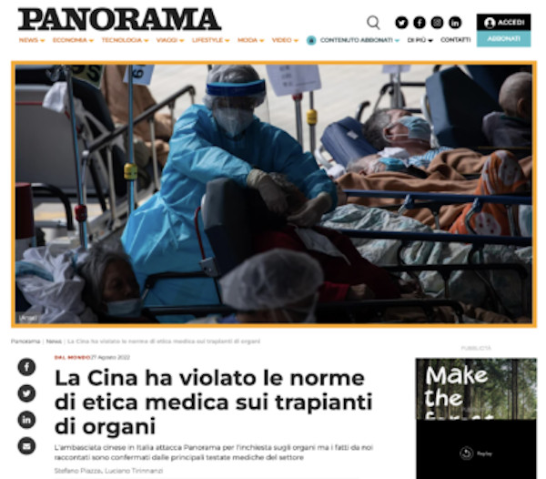 Artykuł „Panoramy” z 27 sierpnia 2022 r. odrzucający zarzuty chińskiej ambasady we Włoszech, stwierdzający, że Chiny naruszyły etykę w swoich procedurach transplantacyjnych (Panorama/Screenshot via The Epoch Times)