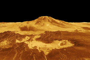 Ogromny wulkan tarczowy Maat Mons widoczny na wygenerowanym komputerowo trójwymiarowym obrazie powierzchni Wenus. Strumienie lawy rozciągają się na setki kilometrów przez spękane równiny pokazane na pierwszym planie, aż do podstawy Maat Mons, zdjęcie z 1996 r. (NASA/JPL-Caltech, obraz skatalogowany przez Jet Propulsion Laboratory amerykańskiej agencji <a href="https://en.wikipedia.org/wiki/NASA">National Aeronautics and Space Administration</a>, NASA, pod numerem ID: <a href="https://photojournal.jpl.nasa.gov/catalog/PIA00106">PIA00106</a> / <a href="https://commons.wikimedia.org/w/index.php?curid=5948626">domena publiczna</a>)