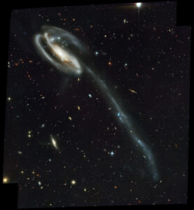 Zdjęcie ilustracyjne. Galaktyka GC 10214 Kijanka. To zdjęcie galaktyki spiralnej UGC 10214 zostało wykonane przez Advanced Camera for Surveys, ACS, która została zainstalowana na pokładzie Kosmicznego Teleskopu Hubble’a, HST, w marcu 2002 r. podczas HST Servicing Mission 3B (misja STS-109). Została nazwana Kijanką", ponieważ nie przypomina podręcznikowych obrazów okazałych galaktyk. Jej zniekształcony kształt został spowodowany przez małą przeszkodę, bardzo niebieską, zwartą galaktykę widoczną w lewym górnym rogu masywniejszej Kijanki. Kijanka znajduje się w odległości ok. 420 mln lat świetlnych w gwiazdozbiorze Smoka. Mały intruz, prześwitujący przez dysk Kijanki, jest prawdopodobnie galaktyką, która ucieka z miejsca zdarzenia. Mocne siły grawitacyjne powstałe w wyniku interakcji stworzyły długi ogon szczątków, składający się z gwiazd i gazu, który rozciąga się na ponad 280 000 lat świetlnych (NASA, H. Ford, JHU, G. Illingworth, USCS/LO, M. Clampin,STScI, G. Hartig, STScI, the ACS Science Team, and ESA / <a href="https://commons.wikimedia.org/w/index.php?curid=1804040">domena publiczna</a>)