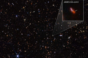 Przy użyciu Kosmicznego Teleskopu NASA/ESA/CSA Jamesa Webba naukowcy odkryli najdalszą spośród znanych galaktyk, zaobserwowaną zaledwie 290 mln lat po Wielkim Wybuchu (NASA, ESA, CSA, STScI, Brant Robertson – UC Santa Cruz, Ben Johnson – CfA, Sandro Tacchella – Cambridge, Phill Cargile – CfA, <a href="https://creativecommons.org/licenses/by/4.0/">CC BY 4.0</a>, zdjęcie modyfikowane / <a href="https://commons.wikimedia.org/w/index.php?curid=148912099">Wikimedia</a>)