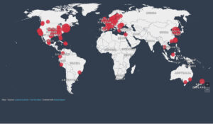 Mapa pokazująca miejsca, w których KPCh <a href="https://www.datawrapper.de/_/fU4Ay/">starała się</a> sabotować występy Shen Yun. Interaktywną wersję mapy można obejrzeć m.in. w artykule <a href="https://www.theepochtimes.com/article/ccp-targets-shen-yun-globally-with-bomb-threats-diplomatic-pressure-5805807">„CCP Targets Shen Yun Globally With Bomb Threats, Diplomatic Pressure”</a> (źródło: <a href="https://leeshailemish.com/on-shen-yun/whos-afraid-of-shen-yun/">Leeshai Lemish</a> – przygotowane przy użyciu <a href="https://www.datawrapper.de/_/fU4Ay/">Datawrapper</a>)